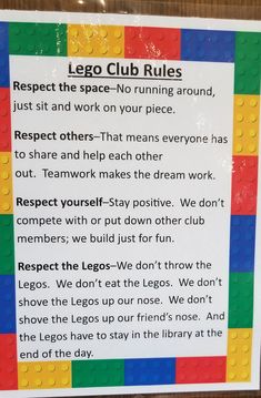 a lego club rules sign posted on the wall