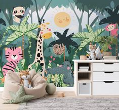 a children's room with jungle wallpaper and animal themed murals on the walls