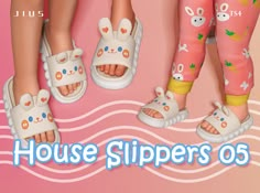 three children's shoes with bunny faces on them and the words house slippers os