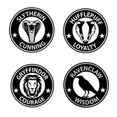 four black and white circular badges with different logos on them, including two lions, one snake