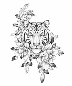 a black and white drawing of a tiger with flowers on it's chest, surrounded by leaves