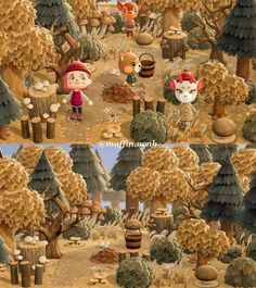 two different pictures of the same cartoon character in front of some trees and other animals