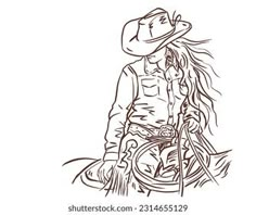 a drawing of a man with long hair wearing a cowboy hat and holding a lasso