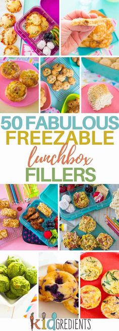 a collage of pictures with different foods in them and the words 50 fabulous freezable lunchbox fillers