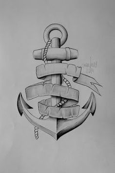 a drawing of an anchor with ribbons on it