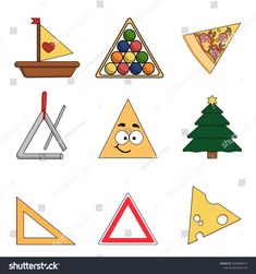 different shapes and sizes of triangles, triangles, and other objects on a white background