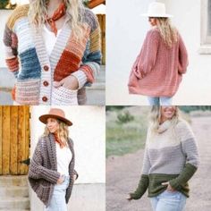 four pictures of women wearing sweaters and hats