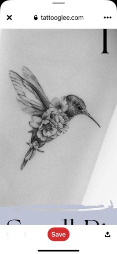 a tattoo design with a hummingbird on it's back and the word save below