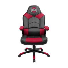 a black and red office chair with the team logo on it's backrest