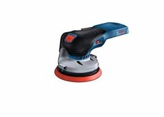 a sander is sitting on top of a white surface with red and blue trimmings