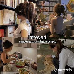 there are many pictures of women in the kitchen and on the table with their dog