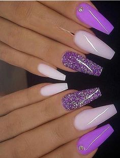 Modern looking and amazing trends of cutest purple milky pink and glitter on coffin nails fo… in Ongles Gel Violet, French Manicure Acrylic Nails, Nails With Glitter, Coffin Nails Matte, Purple Nail Art, Purple Acrylic Nails, Purple Nail Designs, Smink Inspiration, Purple Nail