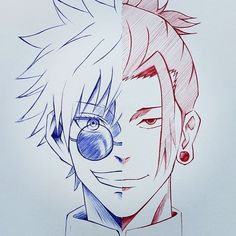 a drawing of an anime character with eyeballs on his face and another person's head in the background