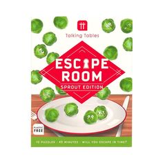 an advertisement for the escape room game on a plate with green vegetables in front of it