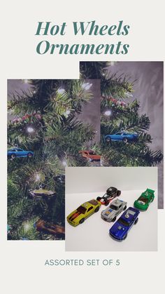 a christmas tree with toy cars on it and the words hot wheels ornaments in green