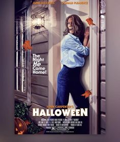 a movie poster for halloween with a woman coming out of the door