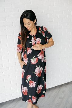 Undercover Mama Black and Large Pink Floral  House Dress. The modern house dress for the modern mom. Perfect for pregnancy, breastfeeding, and beyond! Lounge around or dress it up. Black Short Sleeve Maxi Dress For Loungewear, Spring Maternity Nursing Friendly Sleepwear, Summer Daywear Nursing-friendly Maternity Dress, Summer Maternity Loungewear Dress Nursing Friendly, Daywear Nursing-friendly Maternity Dress, Summer Maternity Dress, Nursing Friendly, For Daywear, Summer Maternity Dress Nursing Friendly Daywear, Spring Casual Nursing-friendly Sleepwear, Maternity Bump-friendly Midi Dress