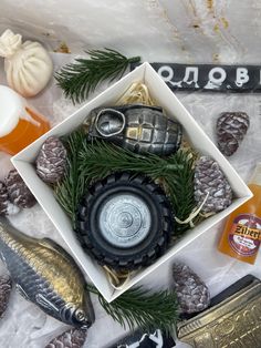 This is a great gift idea for a father, grandfather, husband, friend, colleague, brother, or teacher. Such a gift will be unique, useful, and original. The set includes: Grenade soap Pine cone soap Wheel-shaped soap For decoration, the set includes artificial fir branches. Box size: 13x13x6 cm / 5.12x5.12x2.36 inches Weight of grenade soap with pin: 70 grams / 2.47 ounces Weight of wheel-shaped soap: 150 grams / 5.29 ounces Weight of one pine cone soap: 16 grams / 0.56 ounces The soap has a frui Gifts For Dad Birthday Soap, Soap Gift Basket For Men, Unique Handmade Gifts For Brother, Handmade Soap Gift Set, Decorative Soaps, Soap Gift Set, Glycerin Soap, Bath Soap, Soap Gift