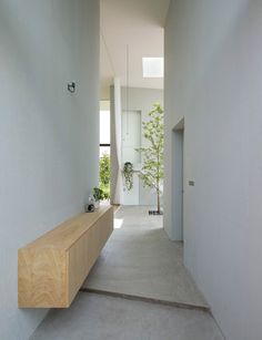 an empty hallway with white walls and plants on the wall, along with concrete flooring