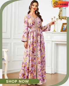 Women's Arabian Polyester Full Sleeves Floral Pattern Dress V-neck Floral Print Dress For Eid, Fitted Casual Dress For Eid, Casual Fitted Dresses For Eid, Floral Print V-neck Dress For Eid, Printed V-neck Dress For Eid, Floral Pattern Dress, Pattern Dress, Full Sleeves, Full Sleeve