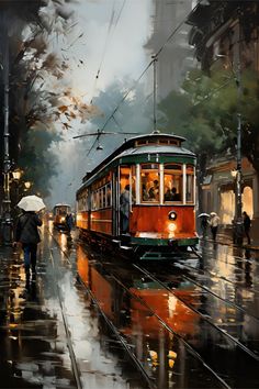 a painting of a trolley car on a rainy city street with people walking under an umbrella