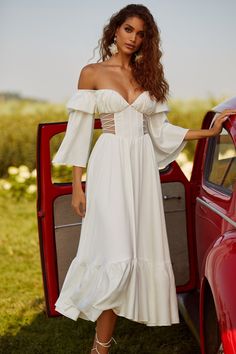 Adena White Satin Midi with Sheer Sides | Afterpay | Zip Pay | Sezzle Tea Length Wedding Dresses, White Backless Dress, Flora Dress, Tea Length Wedding, Wedding Dress Guide, Field Of Dreams, Dress Guide, Tea Length Wedding Dress, Solid Color Dress