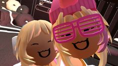 two cartoon girls with pink glasses on their faces