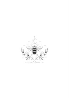 a black and white drawing of a bee with leaves on it's back side