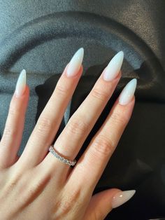 White Acyrilics Nails Almond, Basic Shellac Nails, Pointy Almond Shaped Nails, Plain Long Almond Nails, Cloudy White Almond Nails, Point Almond Nails, White Stilletos Nails, Pointy White Nails, Translucent White Nails