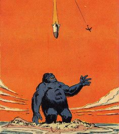 an illustration of a giant gorilla standing in front of a bird flying over it's head