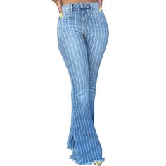 This vintage-inspired denim pant is perfection! Featuring a sassy striped pattern with distressed flare legs and a zipper fly. Made with a denim and polyester blend for comfort and style.