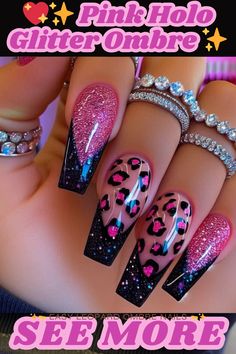 These pink holographic glitter ombre nails are dazzling! ✨ Get the look and more nail inspiration. ➡️  See the comments for the link!,nailart,nails,naildesigns,nailinspo,manicure,beauty,fashion,style,gelnails ,acrylic nails,nail art designs,geometricnails,floralnails,frenchmanicure,ombrénails ,marblenails,summernails,winternails,holidaynails,weddingnails,valentinesnails ,rednails,pinknails,bluenails,nudenails,blacknails,springnails Glitter Ombre Nails, Nails Nail Art Designs, Glitter Nail Designs, Funky Fingers, Cheetah Print Nails, Pink Holographic, Ombre Nails Glitter, Leopard Print Nails