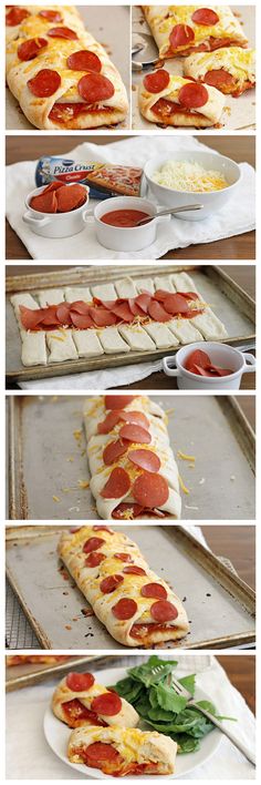 the process for making pizzas is shown in four different pictures, including one with pepperoni and cheese