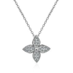 New, Sterling Silver Lucky Flower Pendant Necklace. Platinum Plated For No Tarnish Stamped. 925 Size 45cm 16 Inches Beautiful Features Lab Created Diamond Throughout For Shine. Lucky Flower, Beautiful Features, Fan Necklace, Cheap Necklaces, Swarovski Necklace, Flower Pendant Necklace, Handcrafted Necklace, Gold Tone Necklace, Leaf Necklace