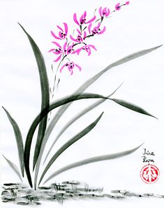 a painting of some pink flowers on a white background with black and red writing in the bottom right corner