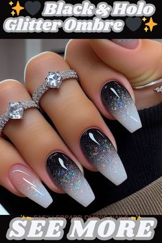 These black and holographic glitter ombre nails are seriously glam! ✨ Get the look and more nail inspiration. ➡️  See the comments for the link!,nailart,nails,naildesigns,nailinspo,manicure,beauty,fashion,style,gelnails ,acrylic nails,nail art designs,geometricnails,floralnails,frenchmanicure,ombrénails ,marblenails,summernails,winternails,holidaynails,weddingnails,valentinesnails ,rednails,pinknails,bluenails,nudenails,blacknails,springnails Black And White Ombre Acrylic Nails, Pink And White Ombre Nails With Glitter, Coffin French Tip Nails With Design, Black And White Glitter Nails, Black And White Ombre Nails, Black And White Ombre, Glitter Ombre Nails, Nails Nail Art Designs, Glitter Nail Designs