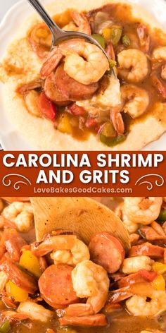 Carolina Shrimp and Grits pin collage Shrimp And Grits Recipe Southern, Soup Paleo, Breakfast Basket, Creamy Grits