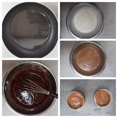 four pictures showing how to make chocolate cake batter