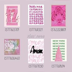 several different types of greeting cards with the names of each card in pink and white