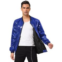 This bright color sequin baseball jacket is the most stylish among the lot. This varsity jacket is full of shining sequins which will make you stand out at any occasion. Sequins are the glittery shiny fabric which gives the most eye-catching and luxurious looks. Match with your casual pants which makes you handsome and cool. Available for roller disco ready, dating, school, parties, performance. Please check your measurements to make sure the item fits before ordering. Blue Outerwear For Costume Party In Fall, Roller Disco, Shiny Fabric, Long Sleeve Sequin, School Parties, Baseball Jacket, Model Body, Bearded Men, Stylish Men