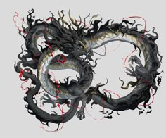 a drawing of a dragon with red and black swirls on it's body