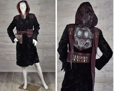 Step into the desolate future with our one-of-a-kind post-apocalyptic hooded coat, a perfect blend of gritty functionality and dark fashion. This piece, handcrafted from upcycled materials, showcases a rich texture and a robust design, featuring a weathered leather belt and a unique backplate brimming with dystopian character. Designed with the zero waste philosophy in mind, it stands as a testament to sustainable fashion without compromising on the edgy aesthetic of the Wasteland.  Size: maximu Steampunk Outerwear For Fantasy Events In Fall, Hooded Outerwear For Fantasy Events In Winter, Fantasy Style Winter Outerwear For Fantasy Events, Hooded Punk Outerwear For Larp, Post-apocalyptic Hooded Outerwear For Halloween, Hooded Post-apocalyptic Outerwear For Halloween, Fantasy Hooded Winter Outerwear, Fantasy Outerwear For Fall Events, Black Fantasy Outerwear For Winter