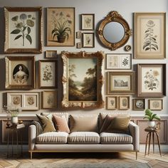 a living room filled with lots of framed pictures and paintings on the wall next to a couch