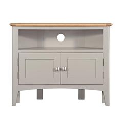 an image of a grey tv stand with two doors on the front and one door open