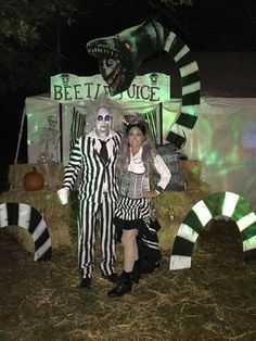 two people dressed up as beetlejuice and jack skellingy