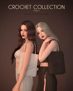 two beautiful women standing next to each other in front of a brown background with text that reads crochet collection vol 1