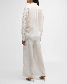 Zimmermann Halliday Lace Flower Shirt | Neiman Marcus Flower Pants, Lace Pants, Belted Pants, Wide Leg Linen Pants, Flower Shirt, Lace Panelled, Lace Flowers, Women Lace, Linen Pants