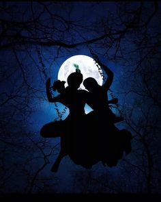 the silhouette of two people dancing in front of a full moon with trees and stars