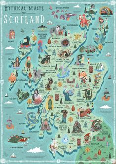 an illustrated map of scotland with all the main towns and major lakes in it, including some