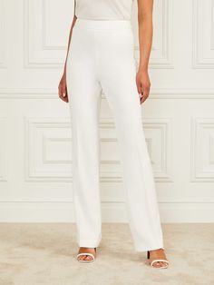 Elegant High Waist Wide Leg Elastane Pants, White Elastane Pants For Formal Occasions, White Formal Elastane Pants, Elegant Spring Pants In Elastane, Elegant High-waisted Elastane Pants, Elegant Spring Pants, Elegant Full-length Elastane Bottoms, Chic Wide-leg Pants With Structured Boning, Elegant Elastane Trousers